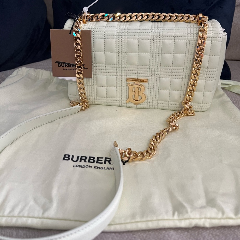 Burberry Cream Quilted Shoulder Bag with Gold Chain and TB Plaque